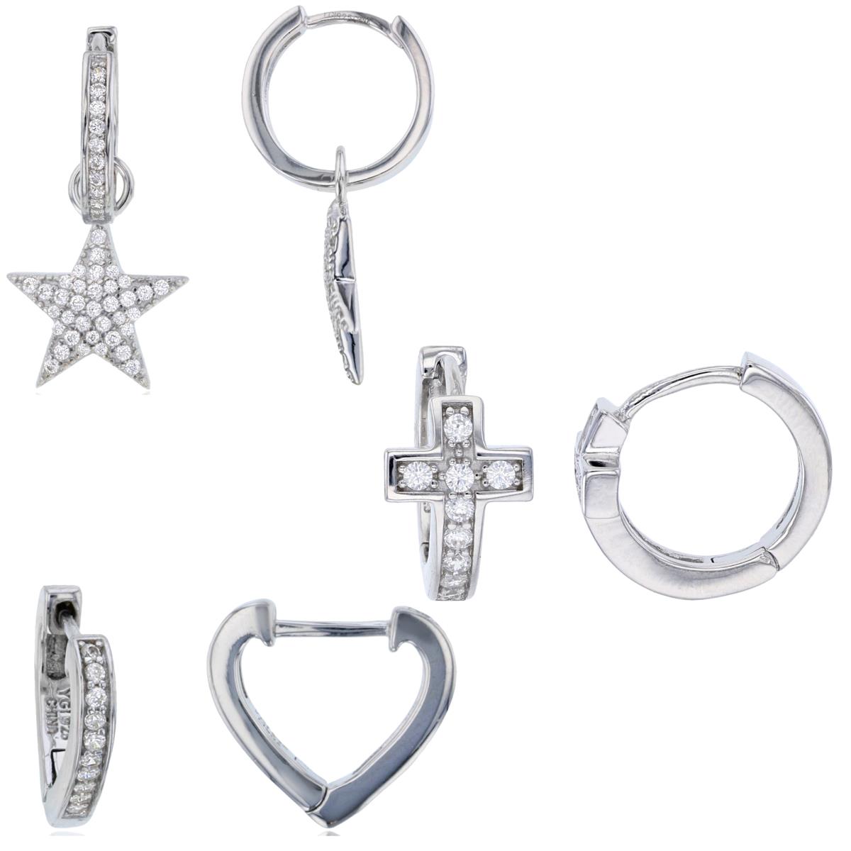 Sterling Silver Rhodium Huggie Top/Dangling Star Bottom & Wish Bone Shape / Cross Huggie 3-Earrings Set