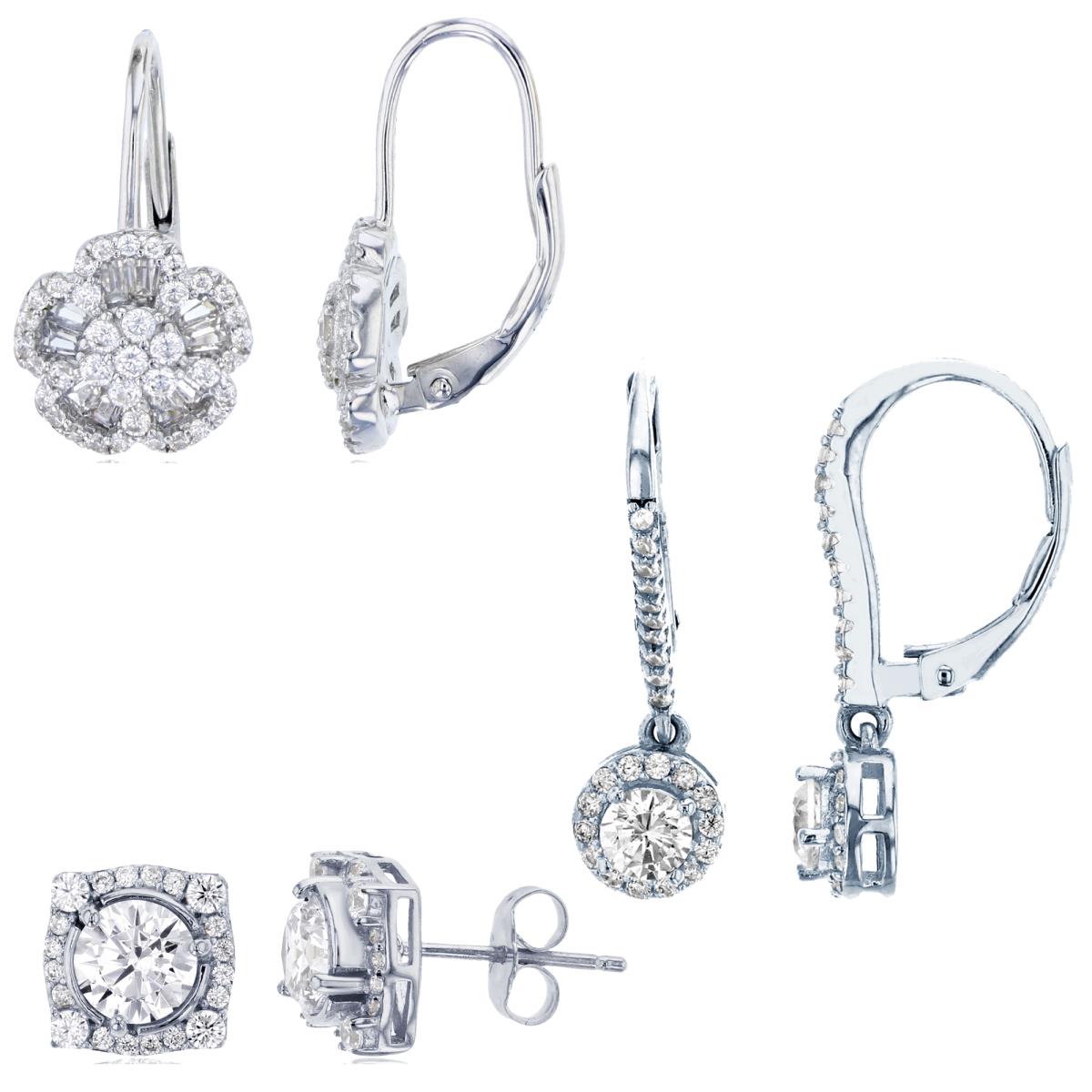 Sterling Silver Rhodium Rnd CZ Flower/Halo Rnd Circle Lever Backs Earrings & 6mm Rnd CZ Cushion Halo Studs 3-Earrings Set