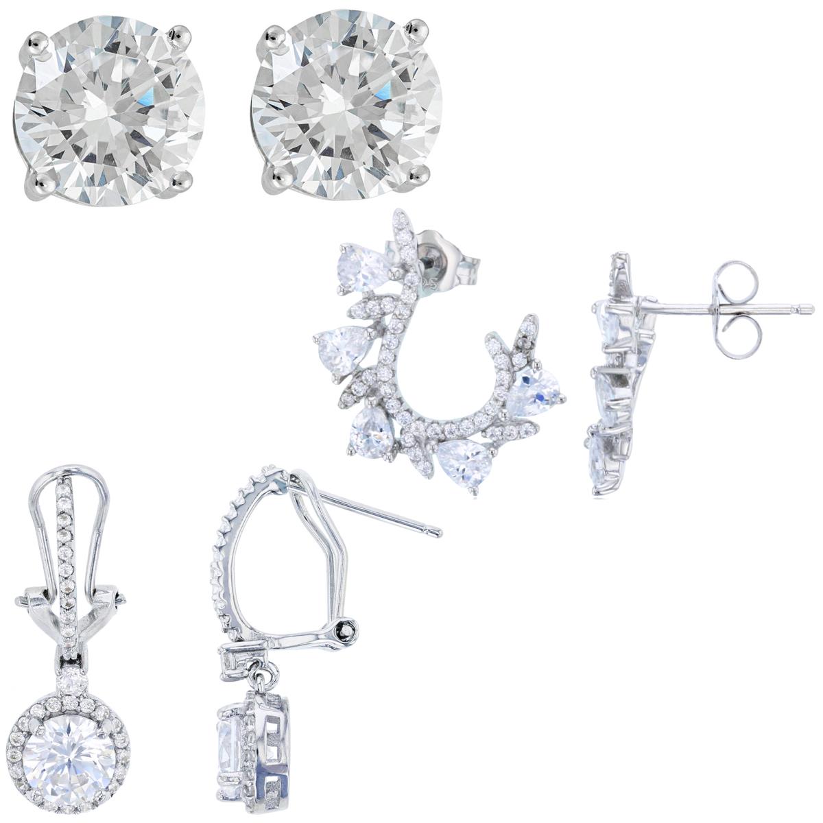 Sterling Silver Rhodium 10mm Rnd Solitaire Studs/PS CZ Crawler & Halo Dangling Omega Back Earrings 3-Units Set