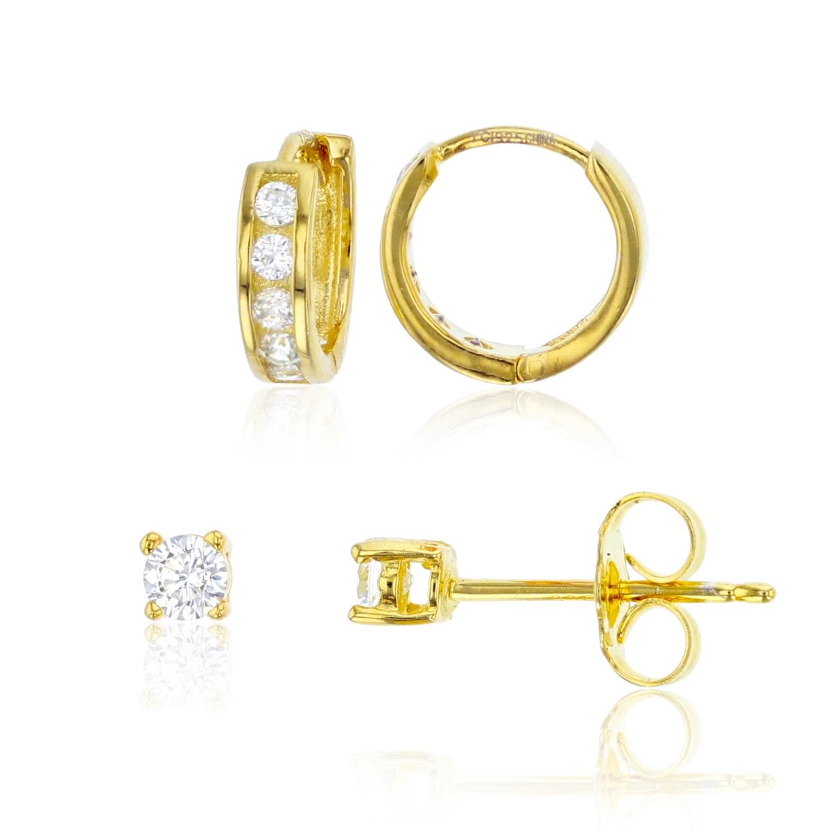 Sterling Silver Yellow 9.5x2.8mm Channel Set Huggie & 3mm Rd Solitaire Stud Earring Set