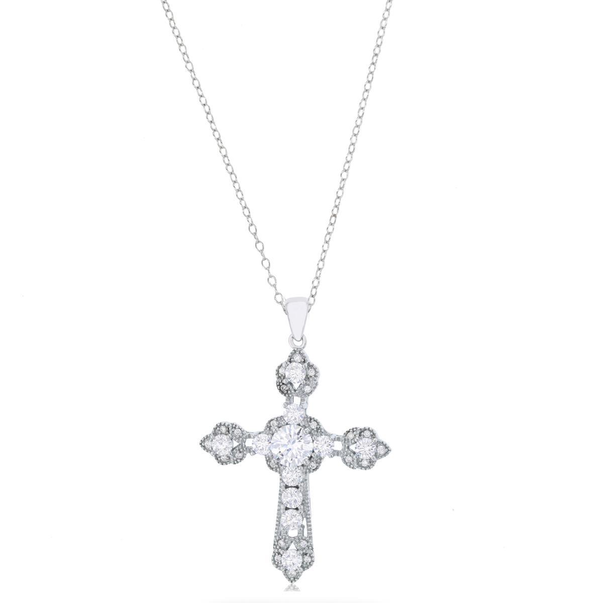 Sterling Silver Rhodium 6mm Round Cut CZ Center Pave Cross 18" Necklace
