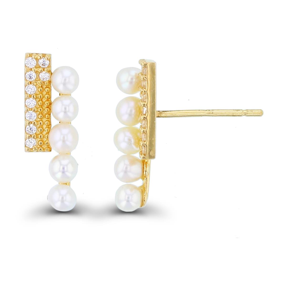14K Yellow Gold High Rnd CZ & 2mm Rnd Fresh Water Pearls Split Rows Studs with Silicon Backs