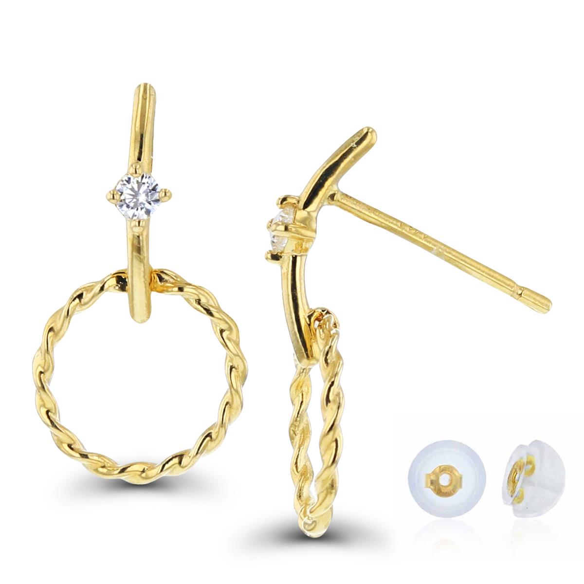 14K Yellow Gold Rnd CZ Bar with Dangling Open Twisted Circle Earrings with Silicon Backs