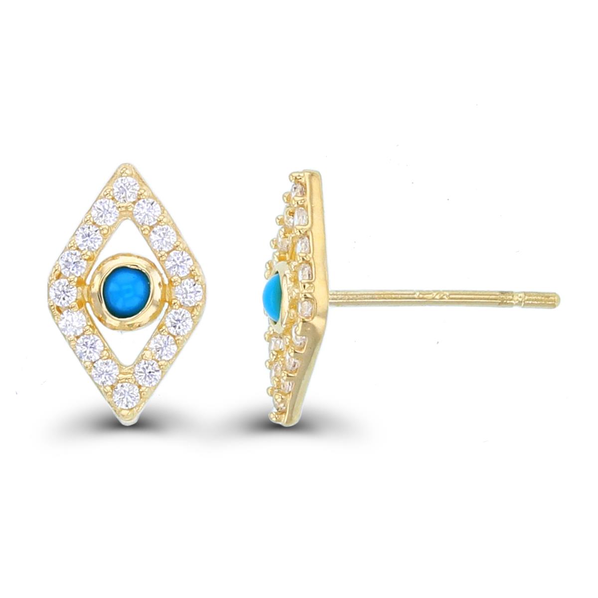 14K Yellow Gold Rnd CZ & 2mm Rnd Turquoise Evil Eye Studs with Silicon Backs