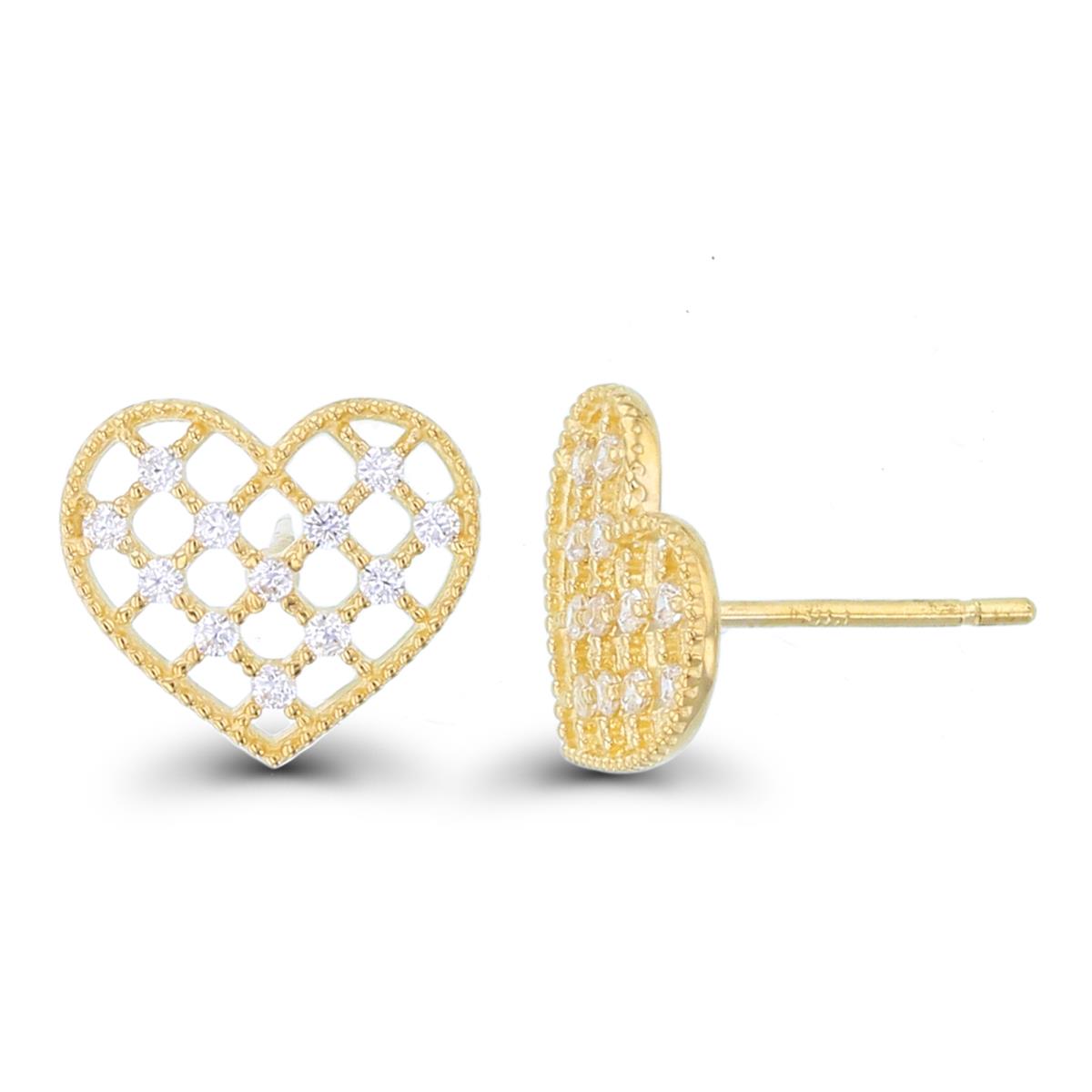 14K Yellow Gold Rnd CZ Scattered Milgrain Heart Studs with Silicon Backs