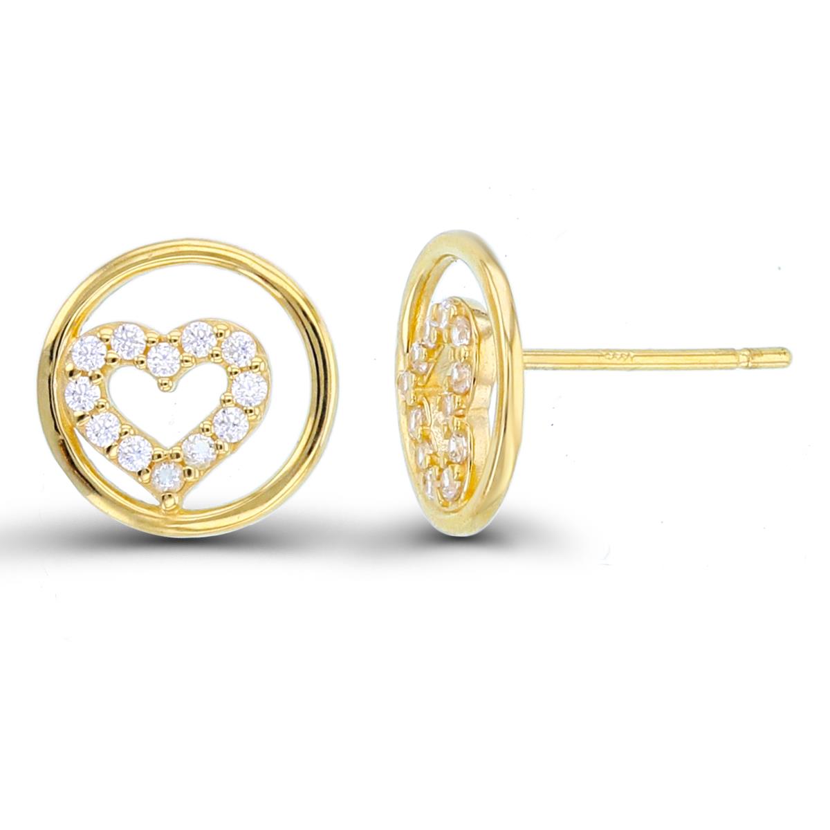 14K Yellow Gold Rnd CZ Heart in Open Tubing Circle Studs with Silicon Backs