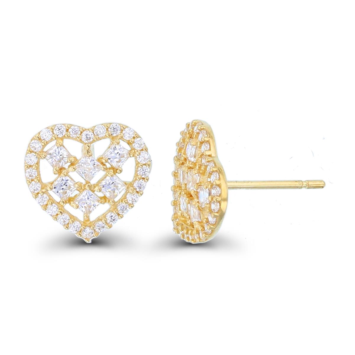 14K Yellow Gold Rnd & SQ CZ Heart Studs with Silicon Backs
