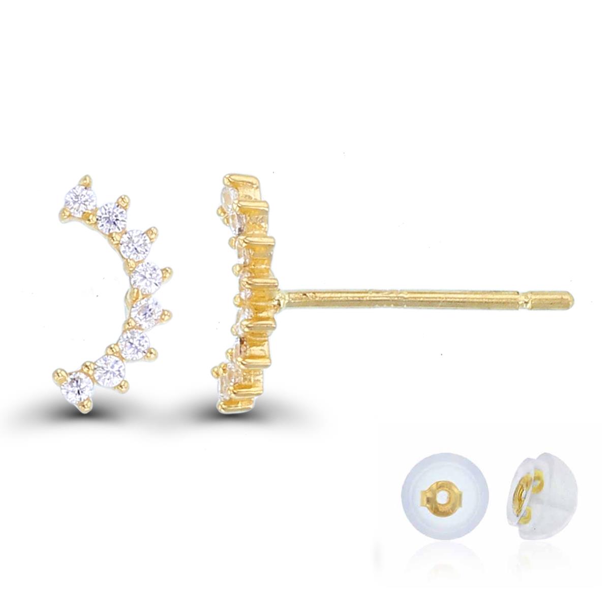 14K Yellow Gold Rnd CZ Crescent Moon Studs with Silicon Backs