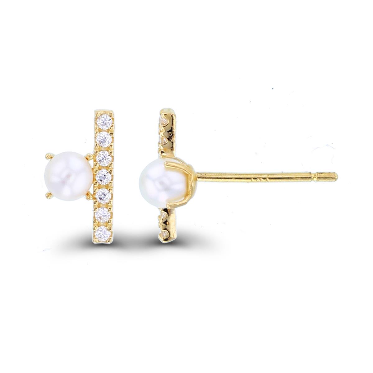 14K Yellow Gold Rnd CZ Bar with 3mm Rnd Fresh Water Pearl Studs with Silicon Backs
