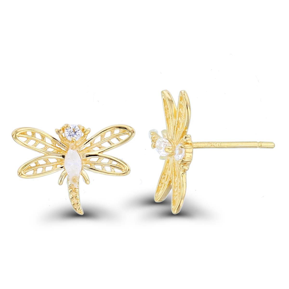 14K Yellow Gold High Polish & Textured Rnd /MQ CZ Dragonfly Studs with Silicon Backs