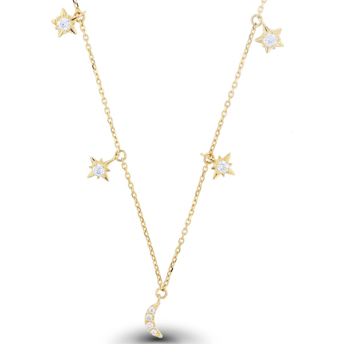 14K Yellow Gold Dangling Moon & Stars 16"+2" Necklace