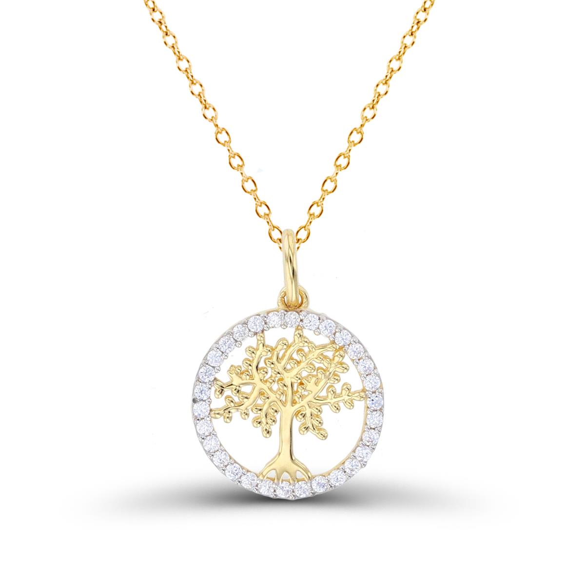 14K Two-Tone Gold (Y/W) Textured Tree of Life in Rnd CZ Circle 18"Necklace