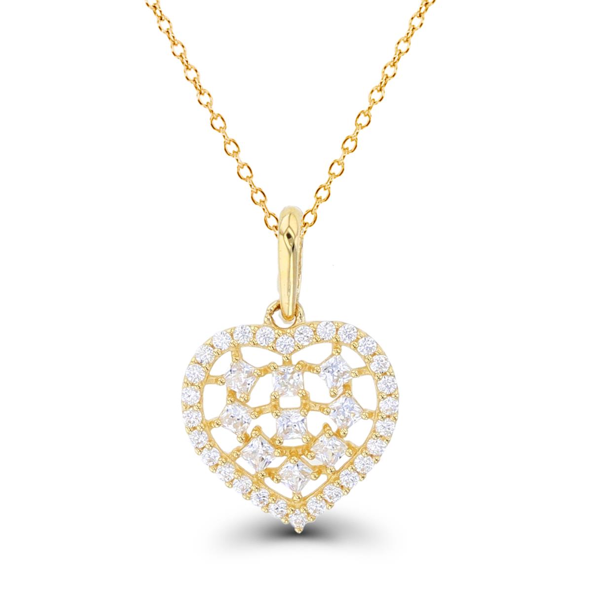 14K Yellow Gold Rnd & SQ CZ Scattered Heart 18"Necklace