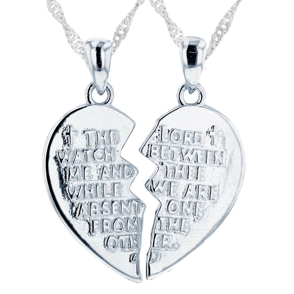Sterling Silver Rhodium Textured Engraved Broken Heart 18"+2" Singapore Necklace (2 Chains)