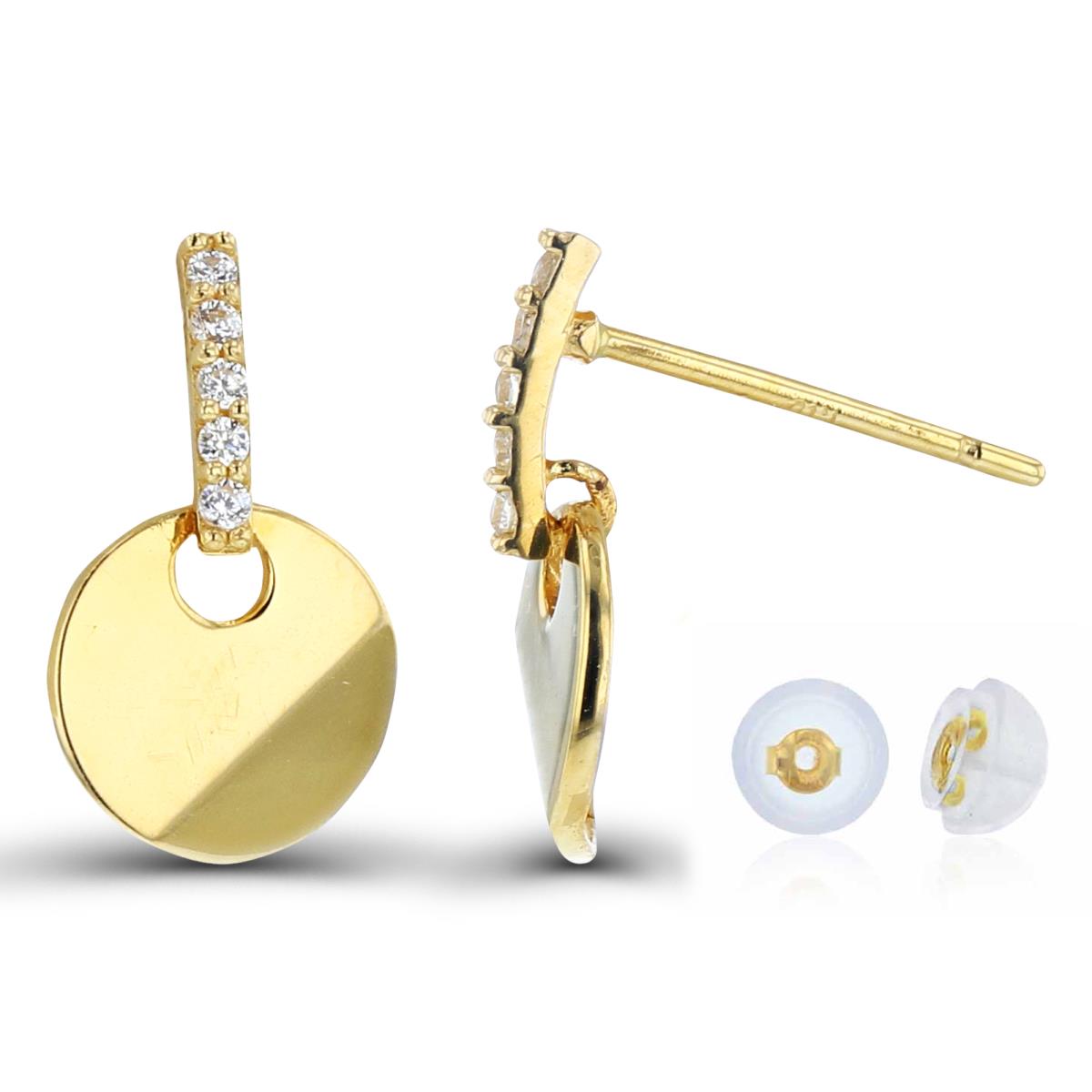 10K Yellow Gold Rnd CZ Bar with Dangling DC Circle Earrings with Silicon Backs