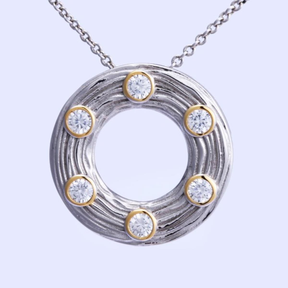 Sterling Silver Rhodium & Yellow Bezel CZ Textured 21mm Circle 18"+2" Singapore Necklace