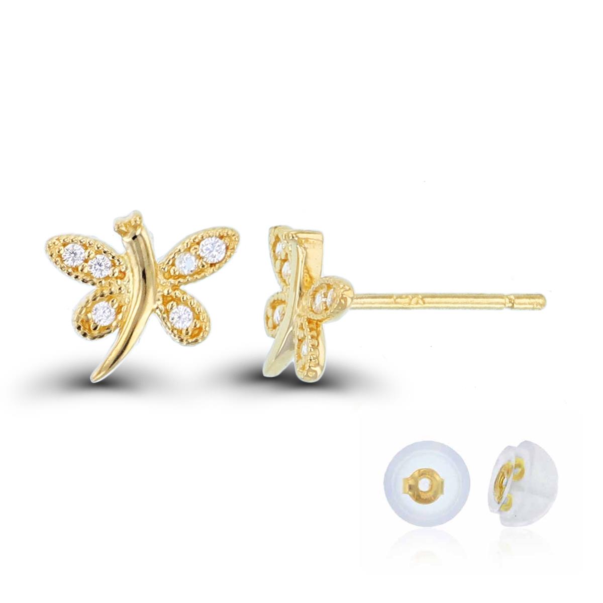 10K Yellow Gold High Polish & Textured Rnd CZ Butterfly Studs with Silicon Backs