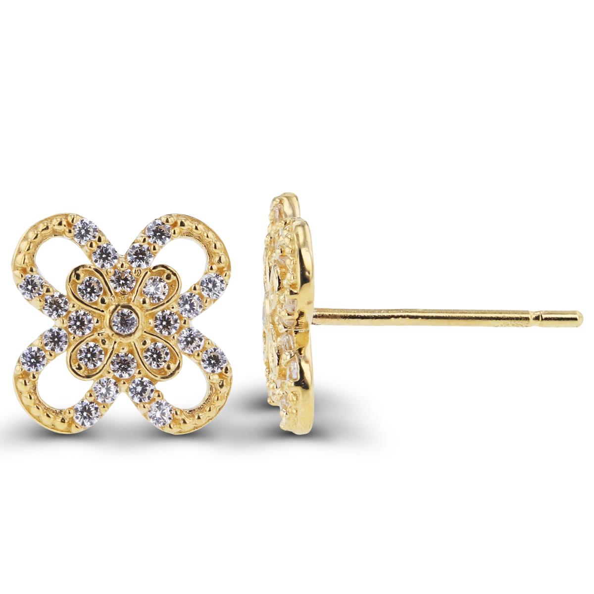 10K Yellow Gold High Polish & Textured Rnd CZ Flower Studs with Silicon Backs