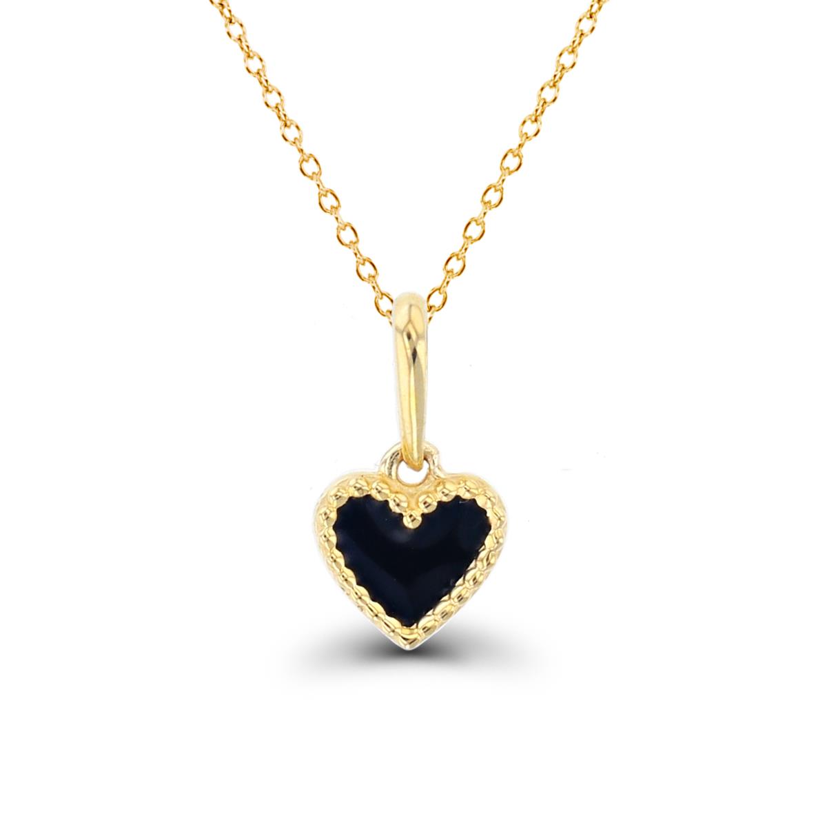 10K Yellow Gold Bead Framed Heart 11.5x6.3mm in Black Enamel 18"Necklace