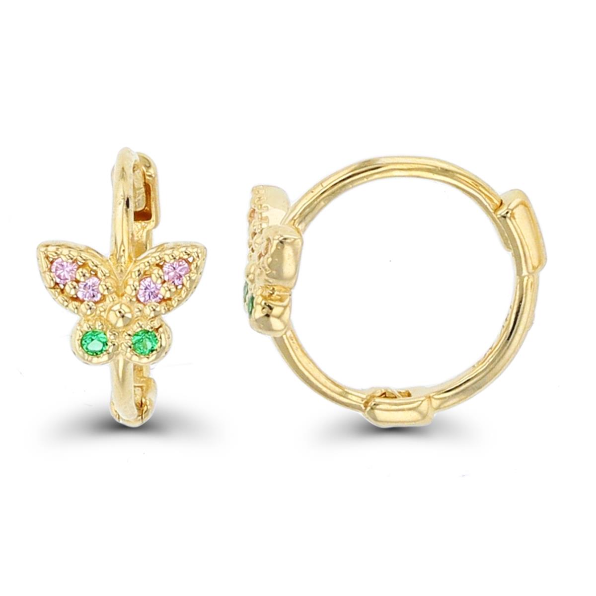 10K Yellow Gold 10x7mm Pink/Emerald CZ Milgrain Butterfly Hoop Earring