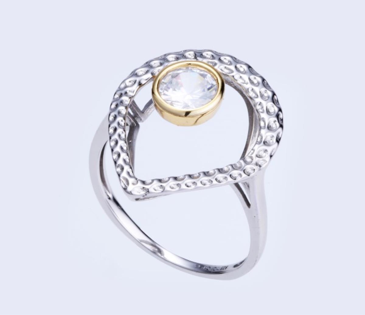 Sterling Silver Rhodium & Yellow Textured Pear Shape Bezel CZ Ring