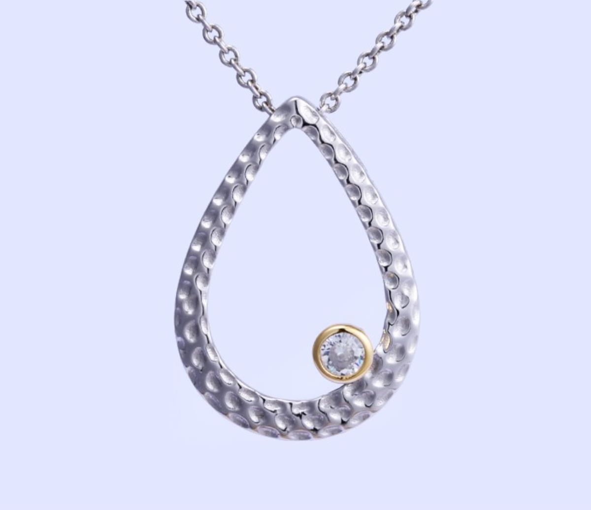 Sterling Silver Rhodium & Yellow Textured Pear Shape Bezel CZ 18"+2" Singapore Necklace