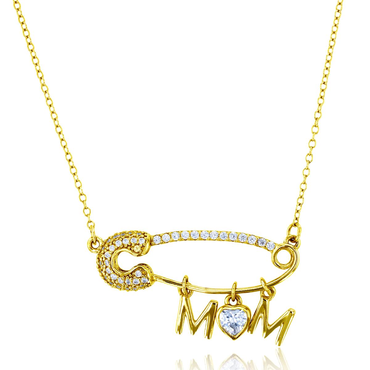 Sterling Silver+1Micron Yellow Gold HS & Rnd CZ Safety Pin "Mom"18"Necklace