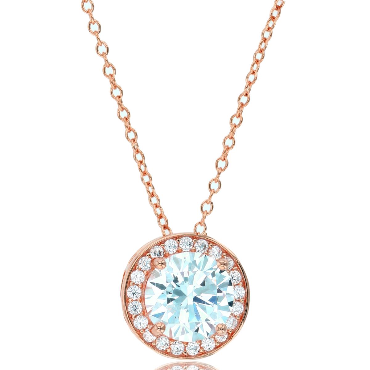 Sterling Silver+1Micron Rose Gold 8mm Rnd CZ Center Halo18"Necklace