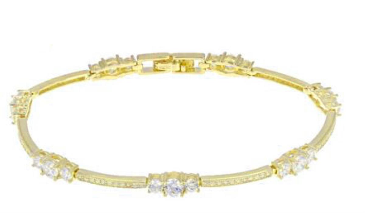 Sterling Silver 1 Micron Yellow Gold 3-Stones Pave Tennis 8" Bracelet