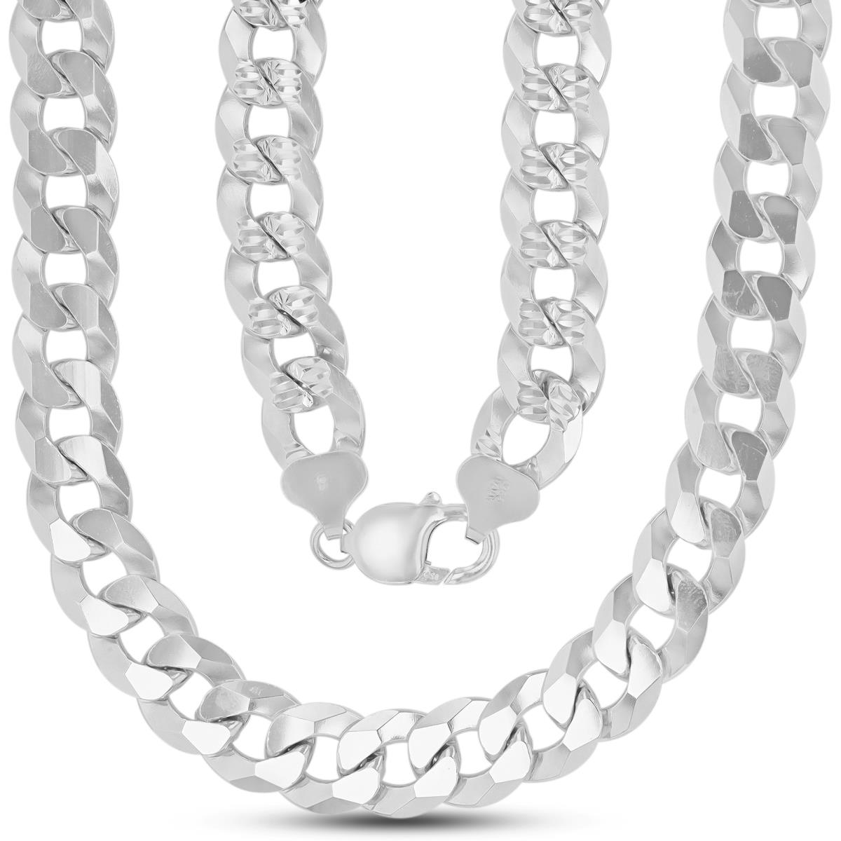Sterling Silver Rhodium DC 12.5mm 350 Curb Pave 28"Chain