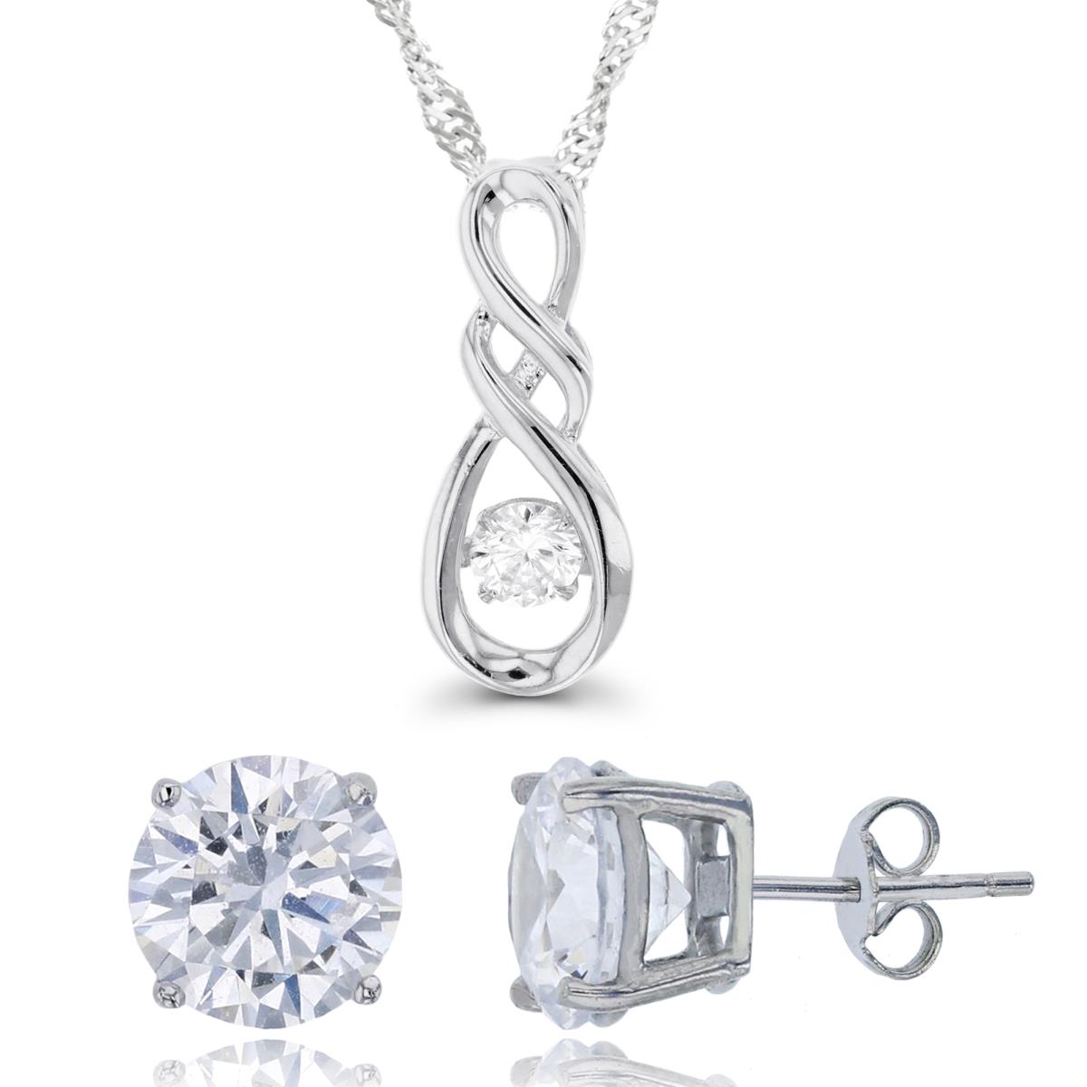 Sterling Silver Rhodium Dancing 5mm Rnd White CZ Infinity 18"+2" Necklace & 8mm Rd Stud Earring Set