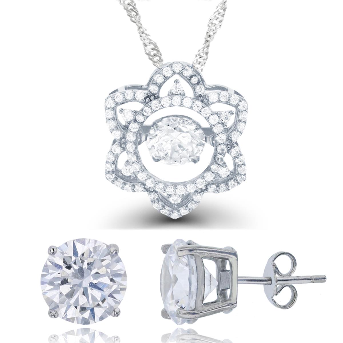 Sterling Silver Rhodium Dancing 6mm Rnd White CZ Flower 18"+2" Necklace & 8mm Rd Stud Earring Set