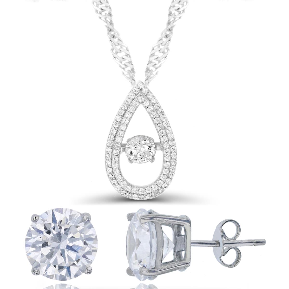 Sterling Silver Rhodium Dancing 5mm Rnd White CZ Pear 18"+2" Necklace & 8mm Rd Stud Earring Set