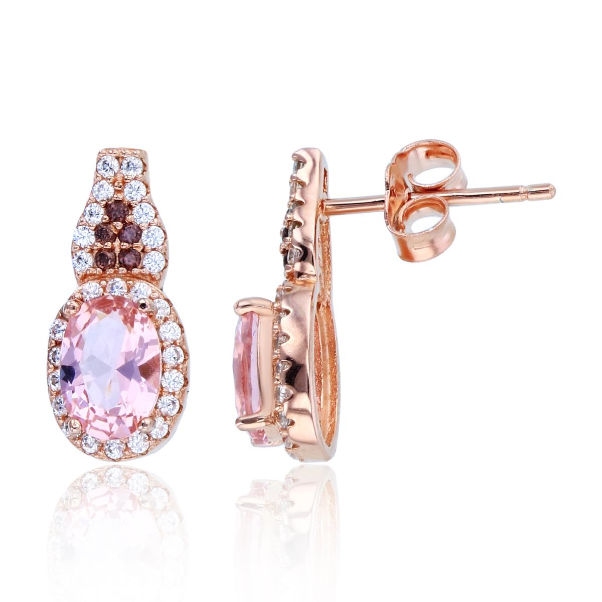 Sterling Silver+1Micron Rose Gold 7x5mm Ov Morganite CZ & Rnd Brown/White CZ Oval Halo Earrings
