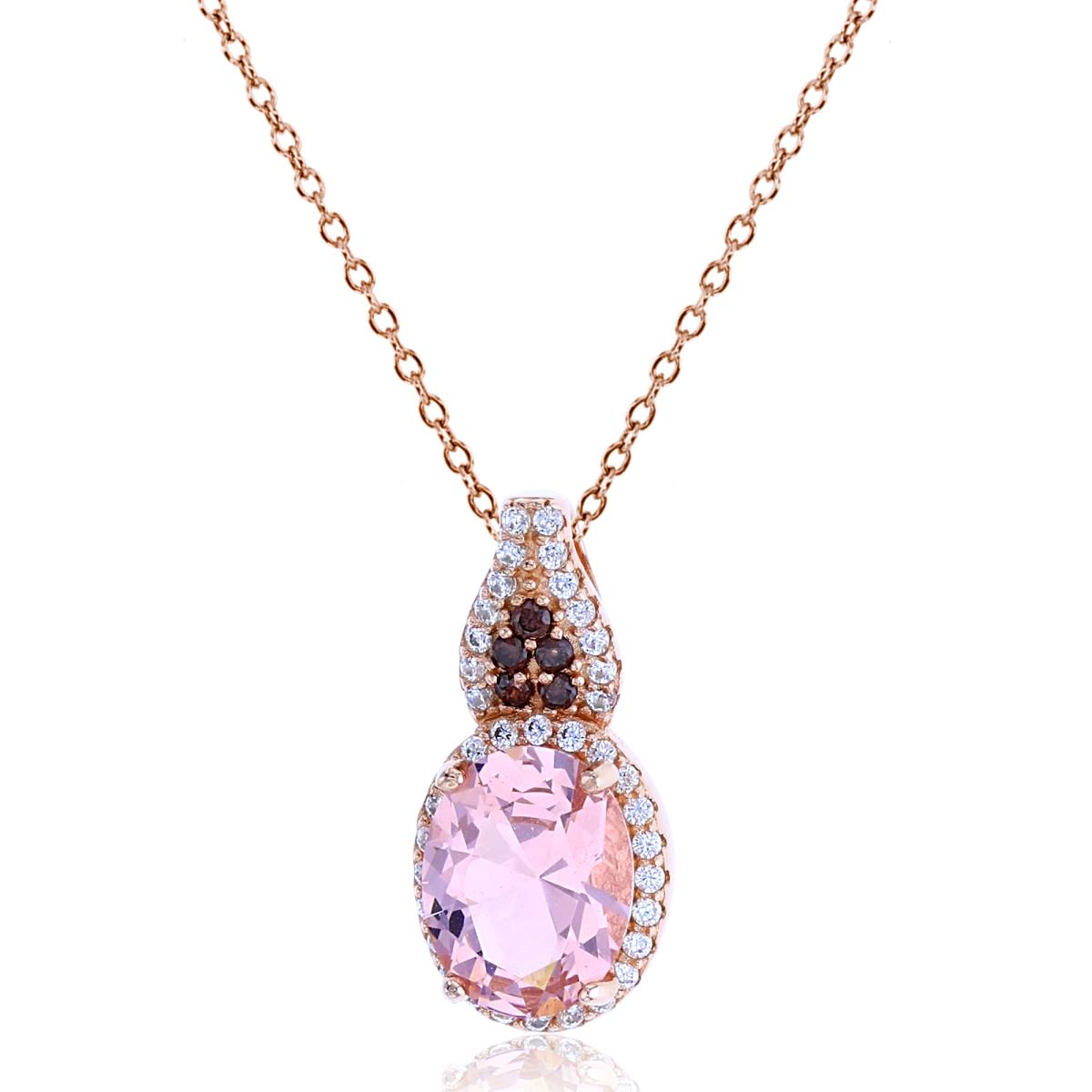 Sterling Silver+1Micron Rose Gold 9x7mm Ov Morganite CZ & Rnd White/ Brown CZ Halo Oval 18"Necklace