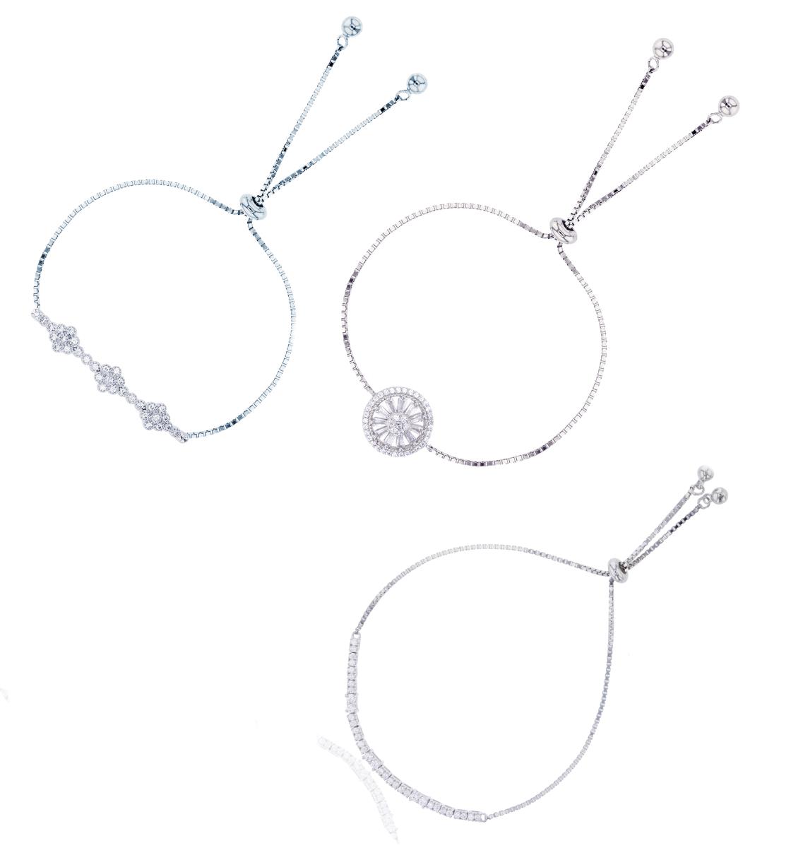 Sterling Silver Rhodium Rnd White CZ Flexy Bar, Flowers Bar & Wheel Adjustable Bracelet Set
