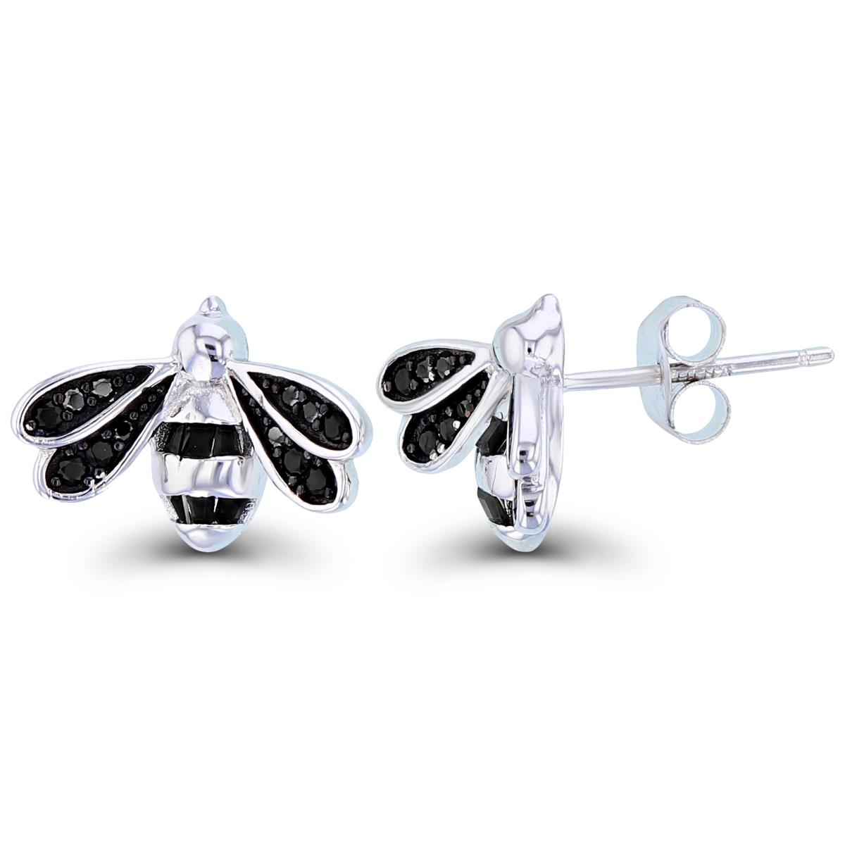 Sterling Silver Two-Tone TB & Rnd Black CZ Bee Studs