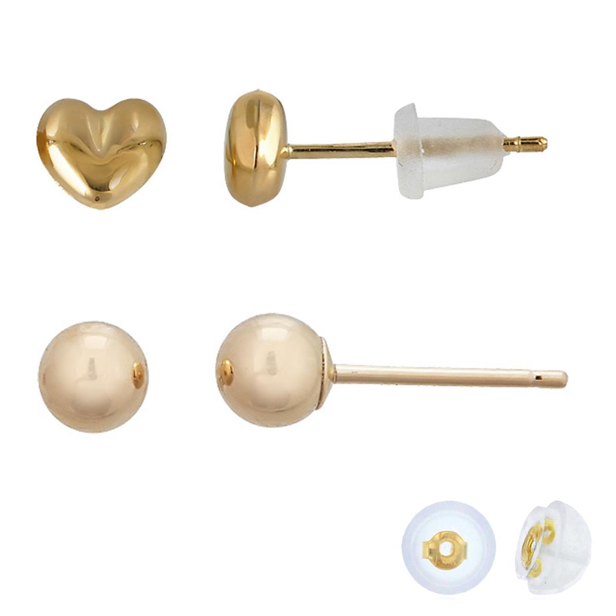 14K Yellow Gold Polished Heart & 4mm Ball Stud Earring Set