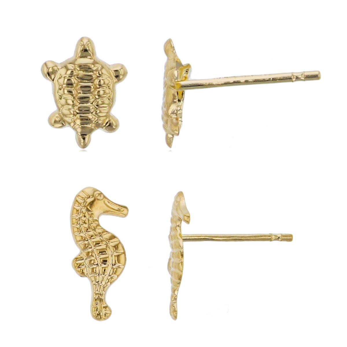 14K Yellow Gold Tortoise & Seahorse Stud Earring Set