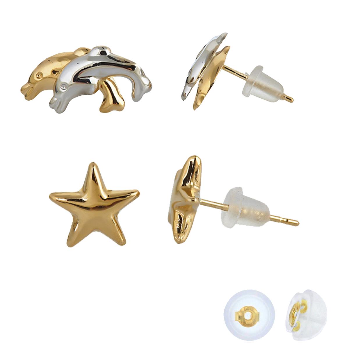 14K Two-Tone Gold Polished Double Dolphin & Yellow Star Stud Earring Set