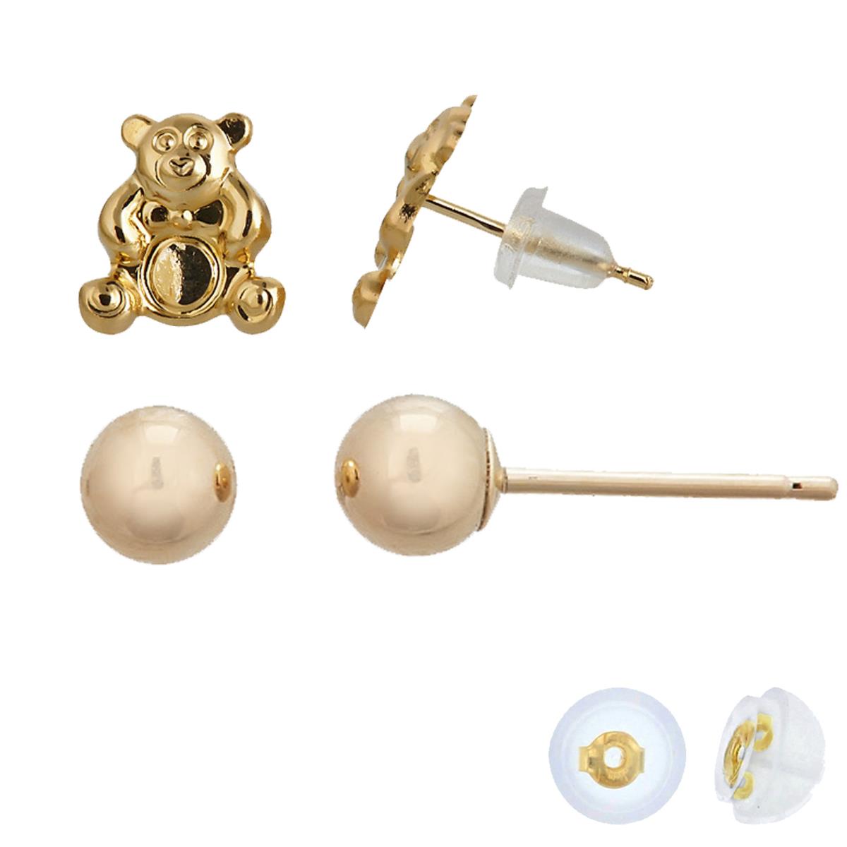 14K Yellow Gold Teddy Bear & 4mm Ball Stud Earring Set 