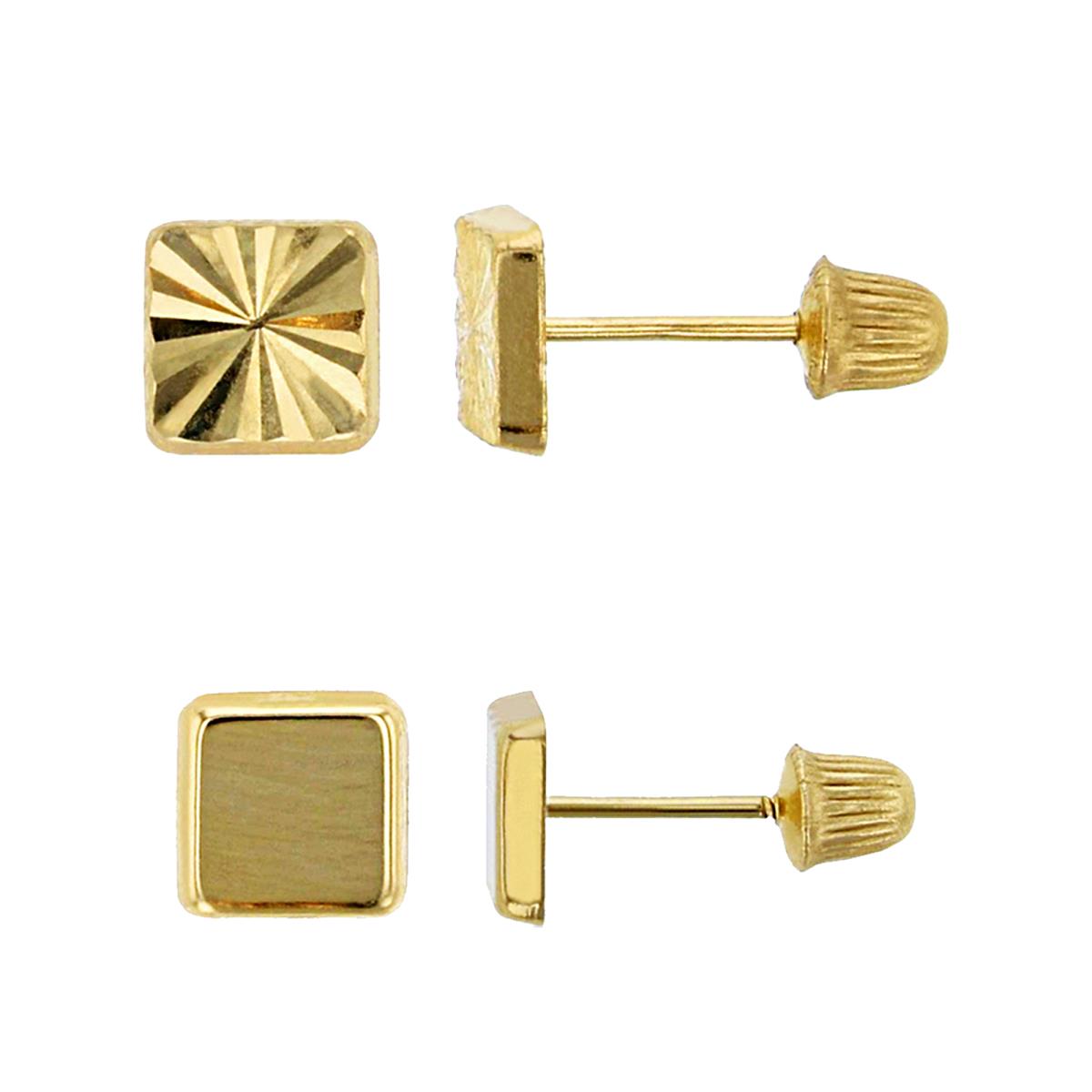 14K Yellow Gold High Polished Square & DC Hat Screw Back Earring Set