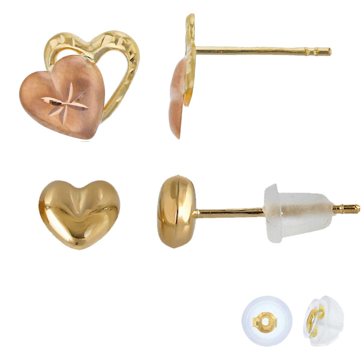 14K Two-Tone Gold Polished & DC Double Heart & Yellow Polished Heart Stud Earring Set