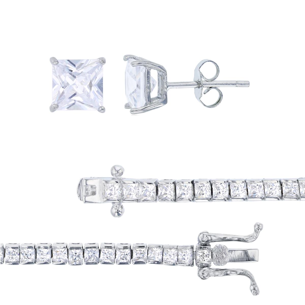 Sterling Silver Rhodium 6mm Princess Solitaire Studs & 2mm Princess Tennis 8"Bracelet Set