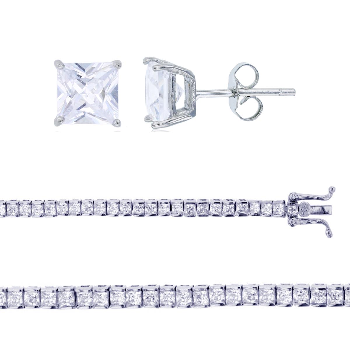 Sterling Silver Rhodium 6mm Princess CZ Solitaire Studs & 2.5mm Princess CZ Tennis Bracelet Set