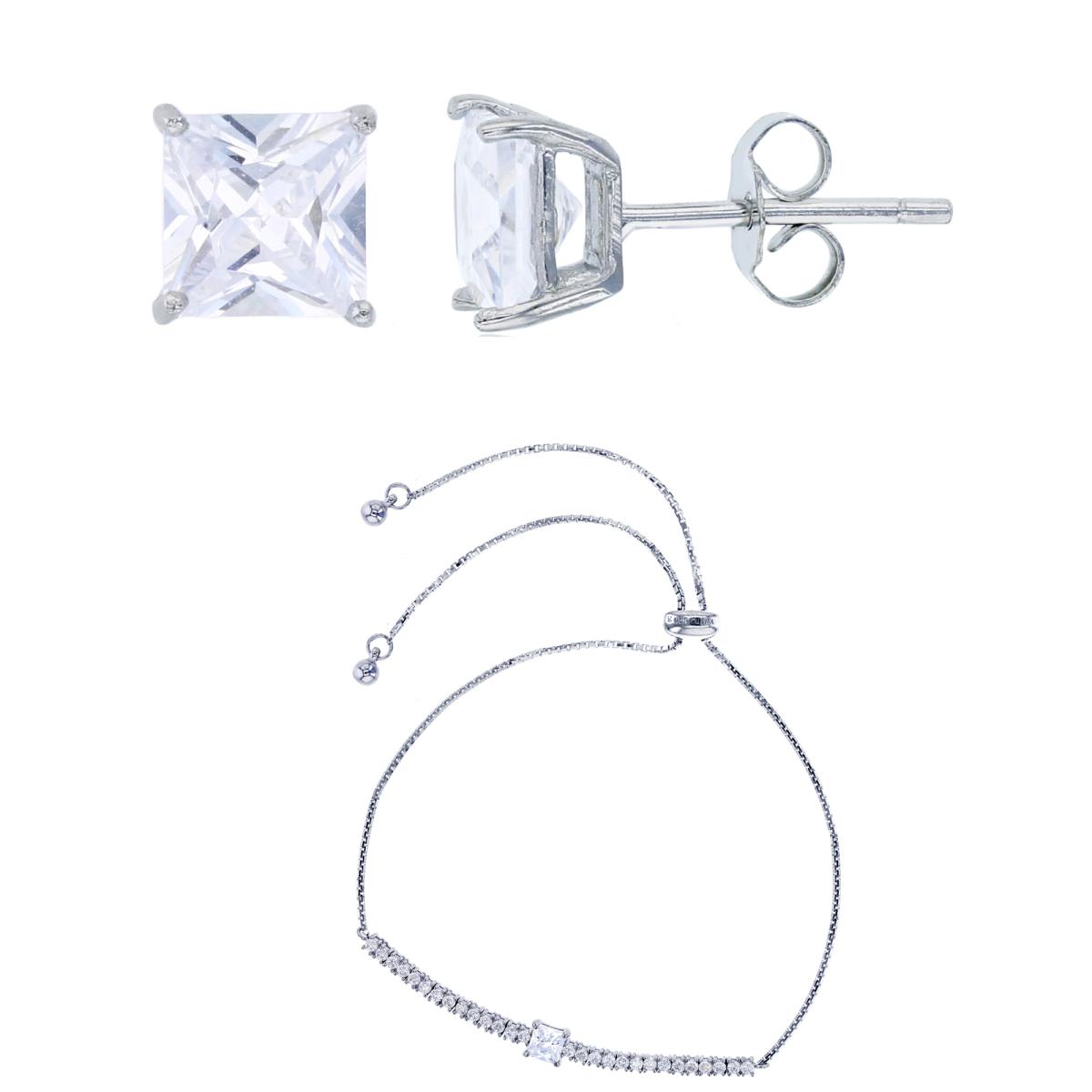 Sterling Silver Rhodium 6mm Princess Cut CZ Solitaire Studs & 5mm Princess Center Adjustable Bolo Bracelet Set
