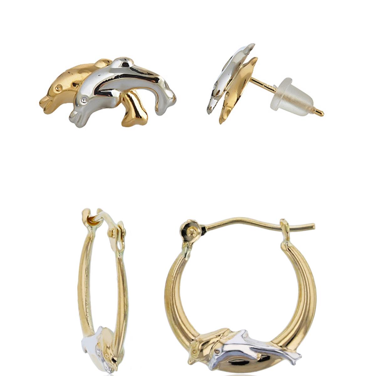 14K Two-Tone Gold Polished Double Dolphin Stud & Hoop Earring Set
