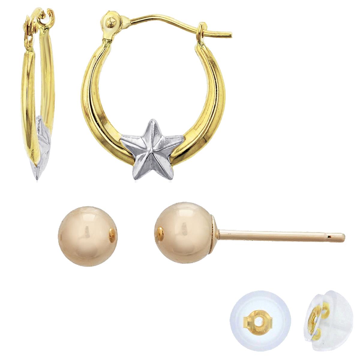 14K Two-Tone Gold Polished Star Hoop & 4mm Ball Stud Earring Set