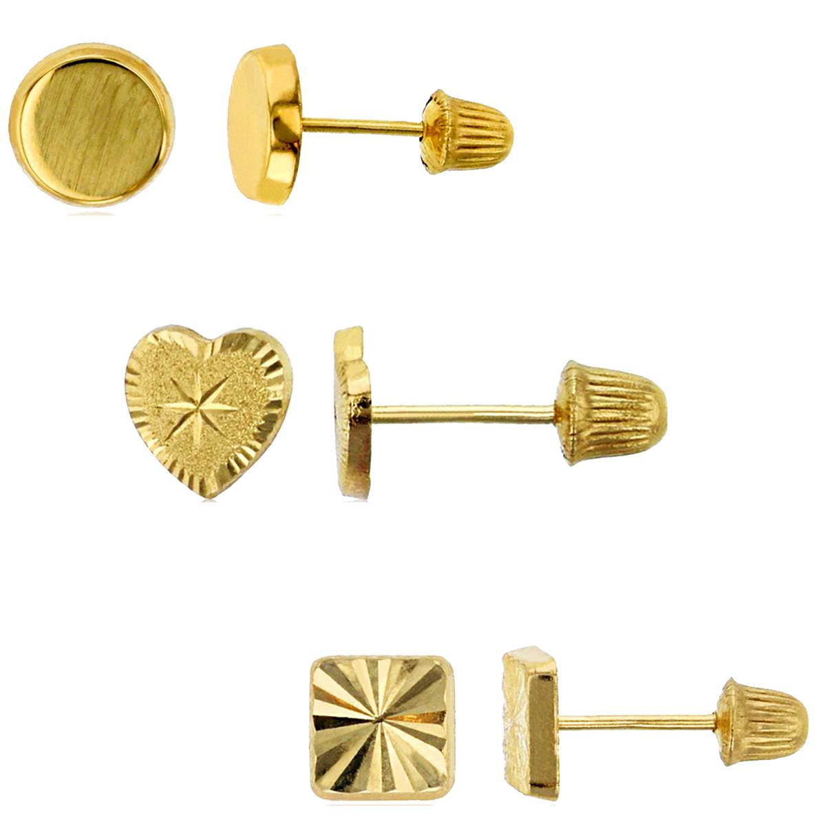 14K Yellow Gold Polished Circle, DC Heart, DC Square Hat Screw Back Earring Set