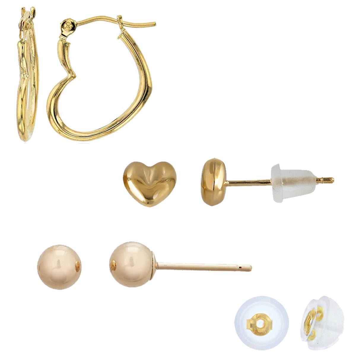 14K Yellow Gold Polished Sideways Heart Hoop, Heart & 4mm Ball Stud Earring Set